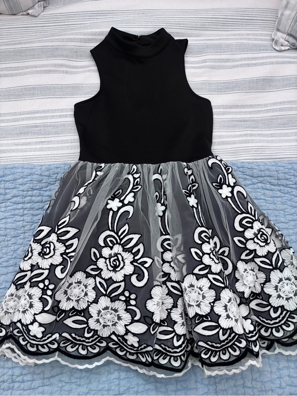 Girls Black Floral Embroidered Tulle Party Dress